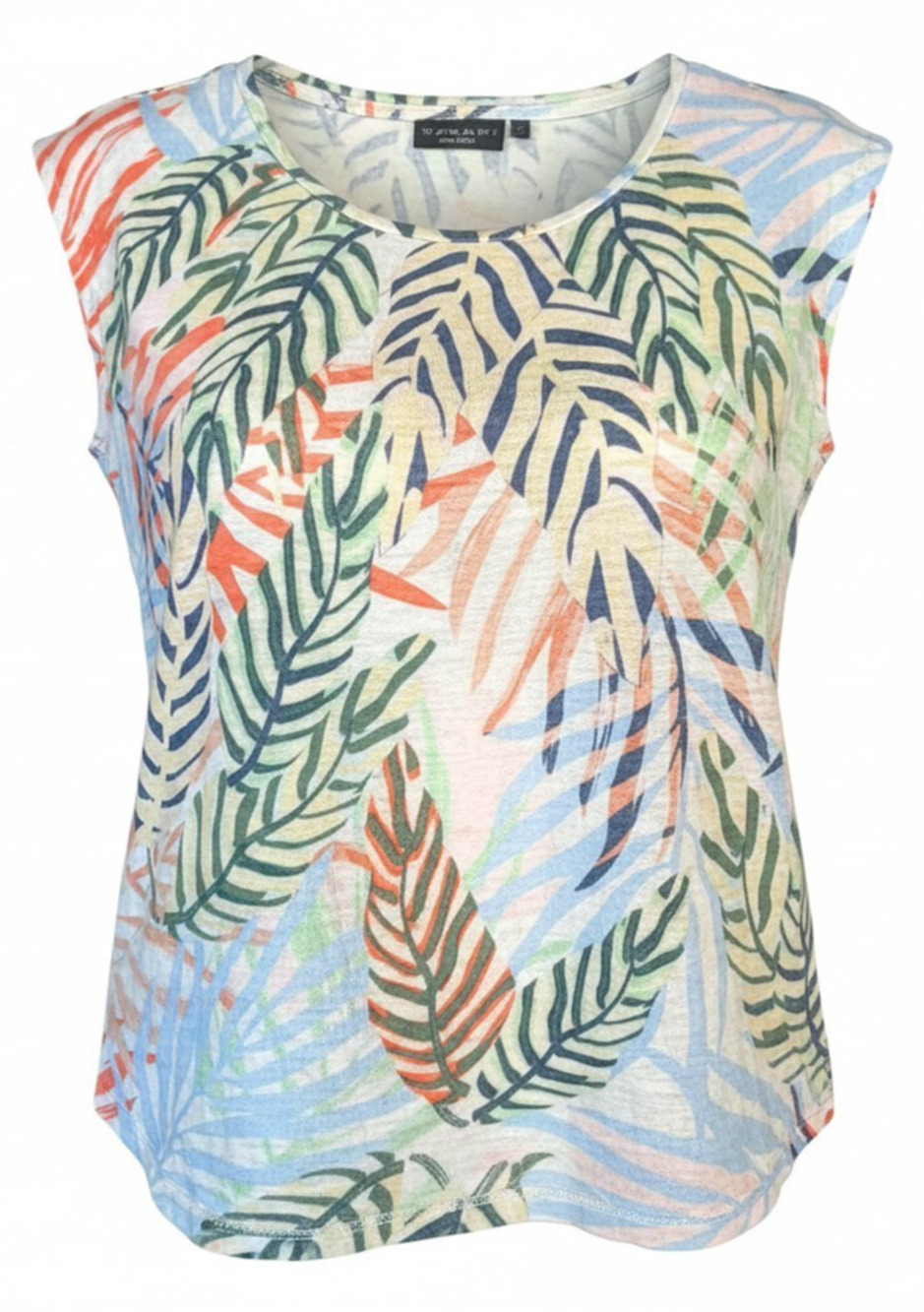 Tahari Sz S 100% Linen Tee Top Button Back Tropical Palm Leaf Print Short Sleeve